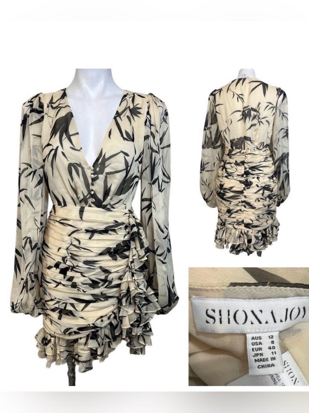 Shona Joy Beige and Black Botanical Ruffle Long-Sleeve Dress